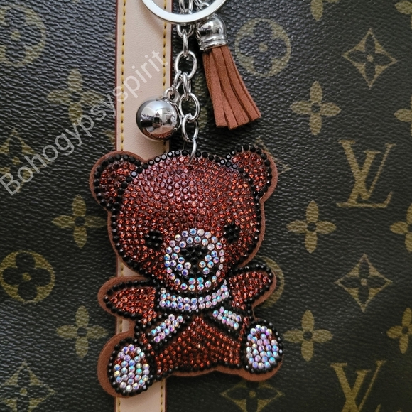 Bling Teddy Bear Crystal Rhinestone Keychain Bag Charm With Brown Tassel - Picture 8 of 11